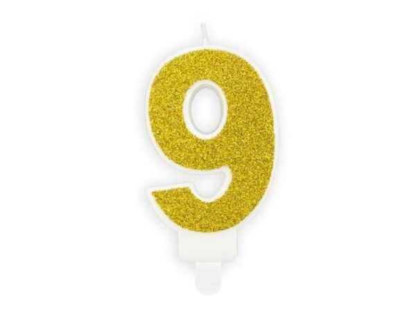Narozeninová svíčka 9, zlatá, 7 cm - PartyDeco