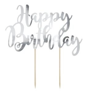 Zápich - dekorácia na tortu Happy Birthday, strieborná 22,5 cm - PartyDeco